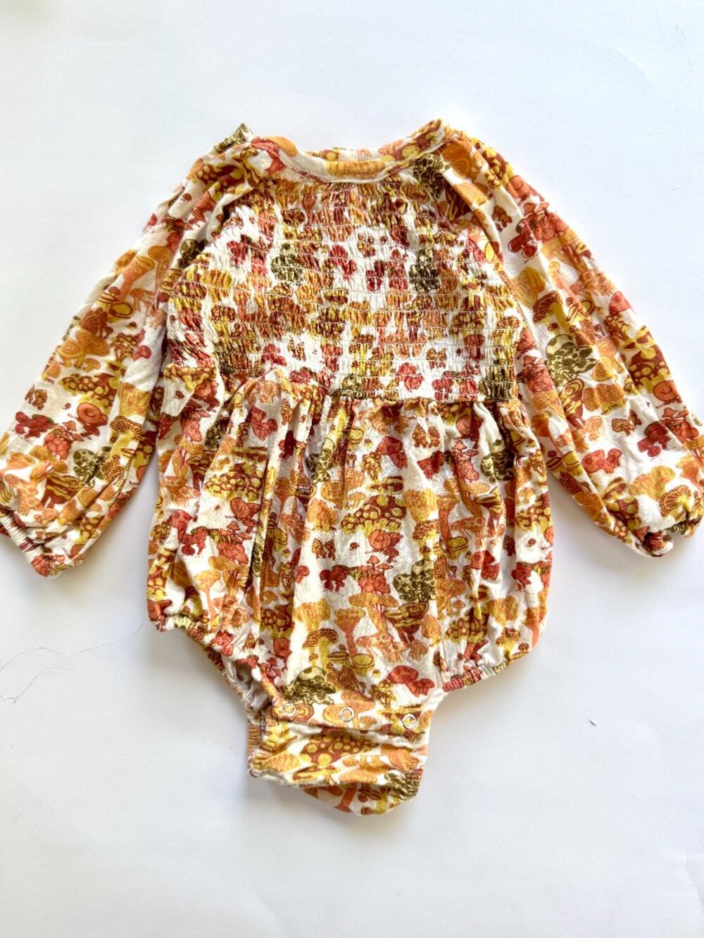 Kate Quinn Mushroom Print Smocked Bubble Romper Long Sleeve 6-12M